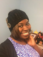 Beautiful Model sports wide-black, handmade crochet headband. Perfect for cold weather and early morning spring jogging. 100% Acrylic Price:20.00 =SOLD OUT   Now taking orders for " Restock" and you will receive notifications by SMS and email.