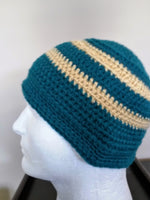 Price $25,00 Only 1 left and in 1 cart  - Men's all season beanie. Teal and beige striped handmade, crochet skull  hat.