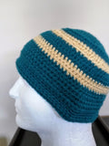 Price $25,00 Only 1 left and in 1 cart  - Men's all season beanie. Teal and beige striped handmade, crochet skull  hat.