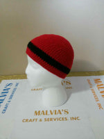 Beautiful read beanie black stripe enhance the charm of this handmade crochet skull hat.  Price $20.00 - SOLD OUT  but custom made by order.